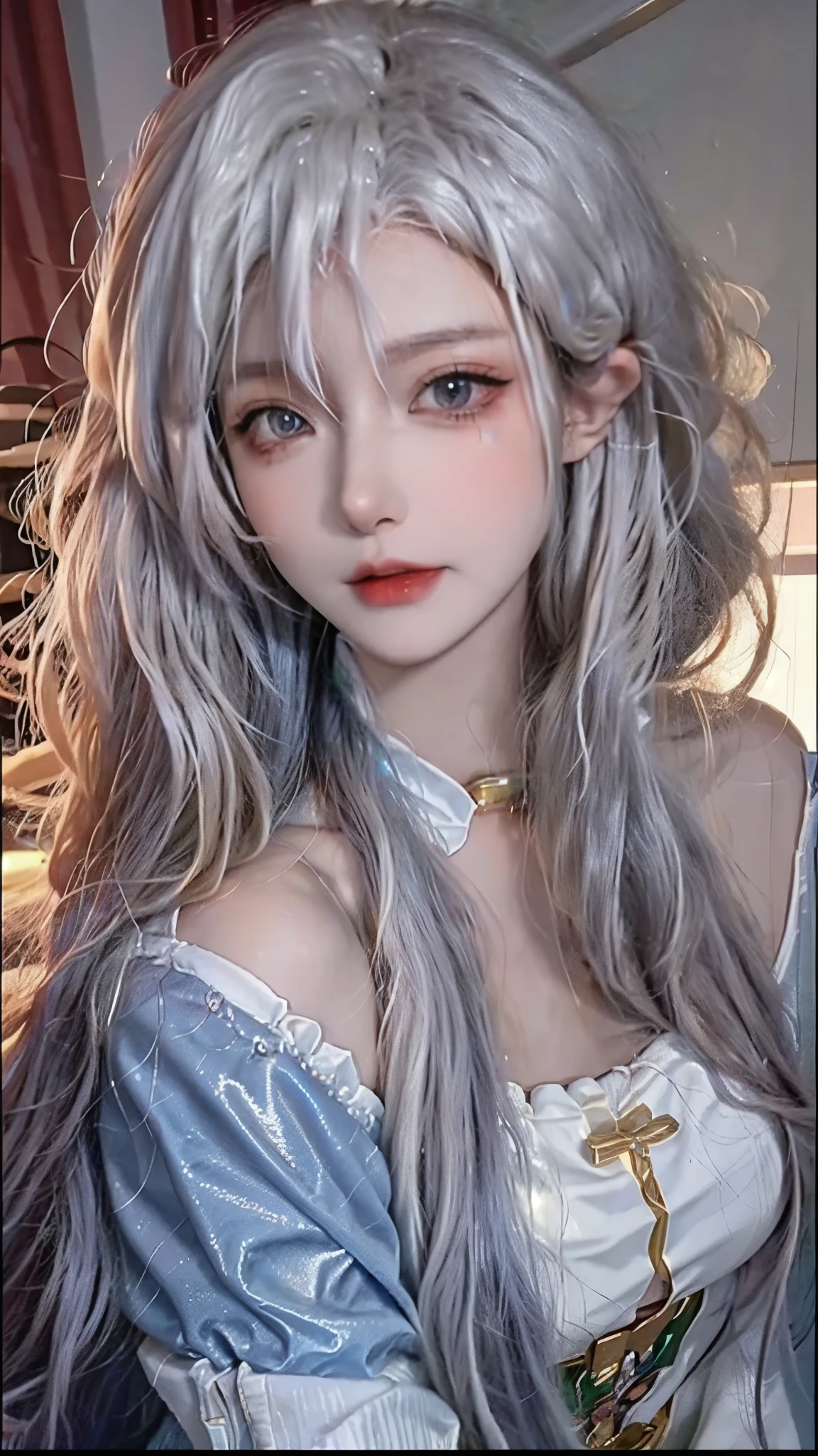 Close-up of a long-haired woman wearing a white sweater, Perfect white-haired girl, Attractive anime girl, Beautiful and attractive anime woman, Long white hair, Attractive anime girl, Beautiful anime girl, 有着Long white hair, Realistic young anime girl, White hair girl, White hair, Anime girls in real life, Beautiful anime woman, Realistic anime