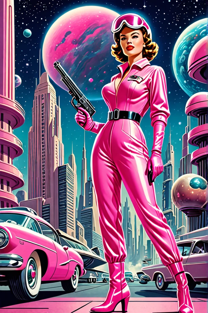 1950's illustration style, sci-fi, 1 handsome  woman,  dressed in pink jumpsuit  boots glove retro helmet, right-hand-holding-pistol, retro-futuristic city background, nebula, planets, extremely detailed, high quality, masterpiece, emphasized-detail ,