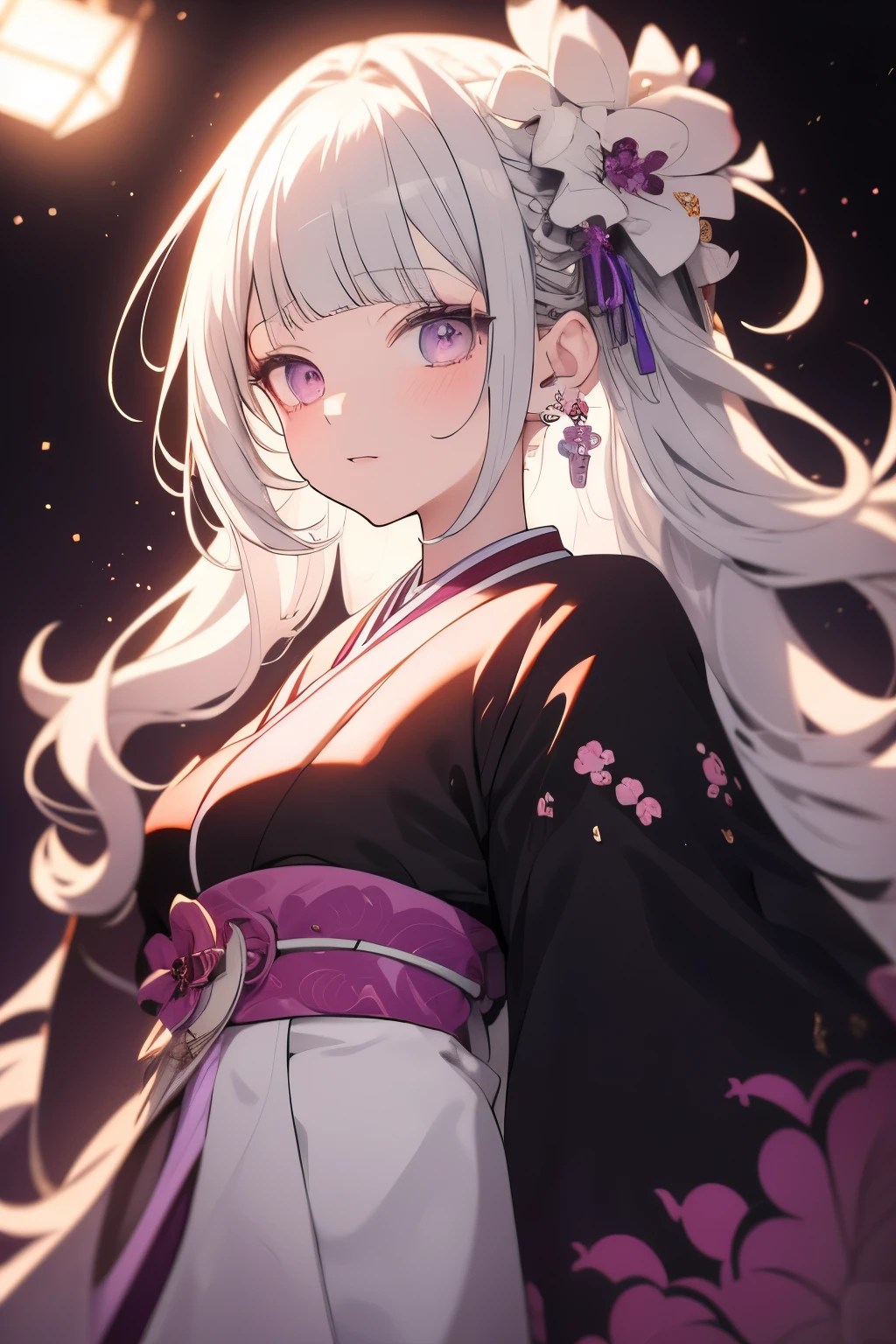 score_9, score_8_up, score_7_up, volumetric lighting, kanata ubuyashiki, a girl with white hair and a flower in her hair, 1girl, solo, hair ornament, parted lips, japanese clothes, hair flower, blunt bangs, black eyes, parody, portrait, purple kimono, yagasuri,