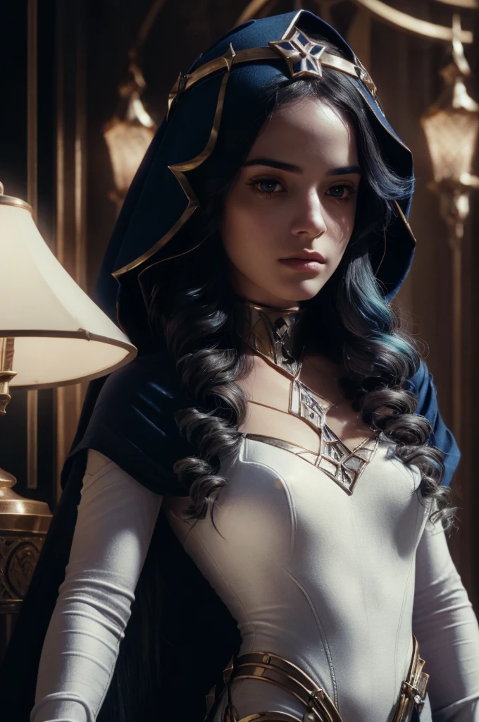 A young girl in realistic portrait of high quality and detail, Layla (Genshin Impact), 2000's movie style, persian girl, full-length, dark and mysterious atmosphere, pale skin, glow, eye shadow, 1girl, thriller fantasy, Depth & Perspective, sadness on her face, She has long dark blue hair with curls, amber eyes, pointed ears, Mystical powers, fine face, She's stands in the library in the Middle Eastern style, indoors, She is wearing white tight leggings, gold high-heeled shoes, a blue hood, black gloves with metal inserts and a black cape on her shoulders. blue sky, white cloud, looking at viewer, (ultra-high detail:1.2), Masterpiece, Best Quality, Ultra-detailed, Cinematic lighting, 8K, delicate features, cinematic, 35 mm lens, f/1.9, highlight lighting, global lighting –uplight –v 4, cinematic, intense gaze, Cinematic lighting, 8K, high quality, Highest Quality, (Solo Focus), (extremly intricate:1.3), (Realistic), dramatic, masterful, Analog style, (Film grain:1.5), (warm hue, cold tone),  behind back