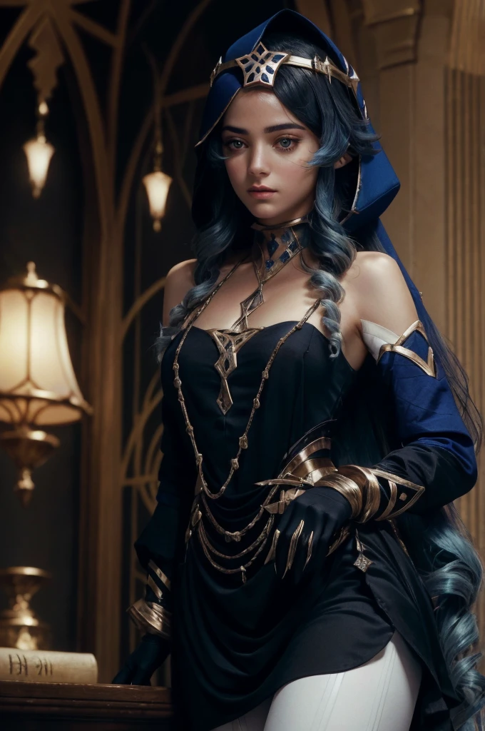 A young girl in realistic portrait of high quality and detail, Layla (Genshin Impact), 2000's movie style, persian girl, full-length, dark and mysterious atmosphere, pale skin, glow, eye shadow, 1girl, thriller fantasy, Depth & Perspective, sadness on her face, She has long dark blue hair with curls, amber eyes, pointed ears, Mystical powers, fine face, She's stands in the library in the Middle Eastern style, indoors, She is wearing white tight leggings, gold high-heeled shoes, a blue hood, black gloves with metal inserts and a black cape on her shoulders. blue sky, white cloud, looking at viewer, (ultra-high detail:1.2), Masterpiece, Best Quality, Ultra-detailed, Cinematic lighting, 8K, delicate features, cinematic, 35 mm lens, f/1.9, highlight lighting, global lighting –uplight –v 4, cinematic, intense gaze, Cinematic lighting, 8K, high quality, Highest Quality, (Solo Focus), (extremly intricate:1.3), (Realistic), dramatic, masterful, Analog style, (Film grain:1.5), (warm hue, cold tone),  behind back