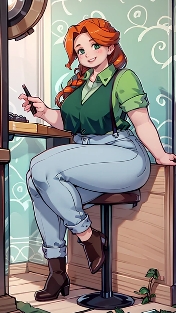 Green simple tunic, suspenders, jeans, brown boots, happy face, smiling, inside, sitting on chair, wooden cabine, day, long hair