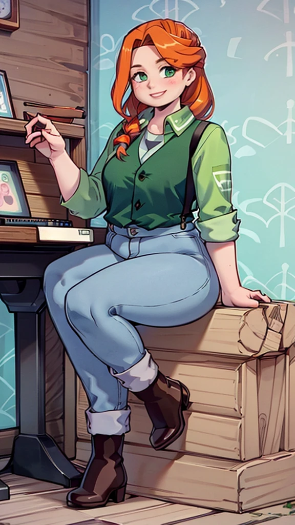 Green simple tunic, suspenders, jeans, brown boots, happy face, smiling, inside, sitting on chair, wooden cabine, day, long hair