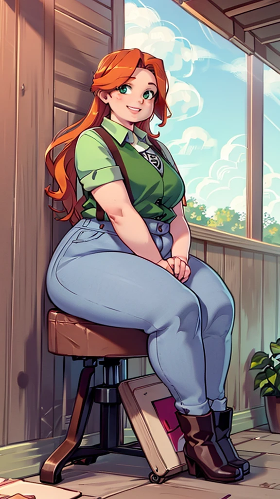 Green simple tunic, suspenders, jeans, brown boots, happy face, smiling, inside, sitting on chair, wooden cabine, day, long hair