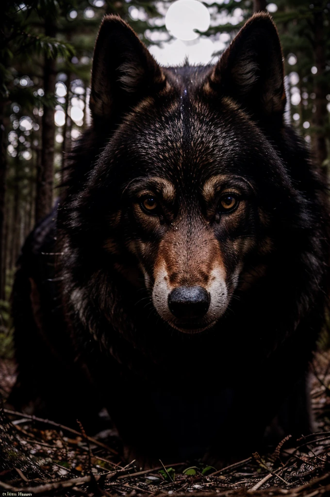 A wolf stands in the twilight of a forest or in a clearing under the moonlight. Its fur shines and creates an effect, It's like it's glowing on its own. The wolf's eyes sparkle with a bright green or yellow light., reflecting the surrounding darkness. The expression on his face shows tension and vigilance., characteristic of a predator, who carefully observes the surrounding space.