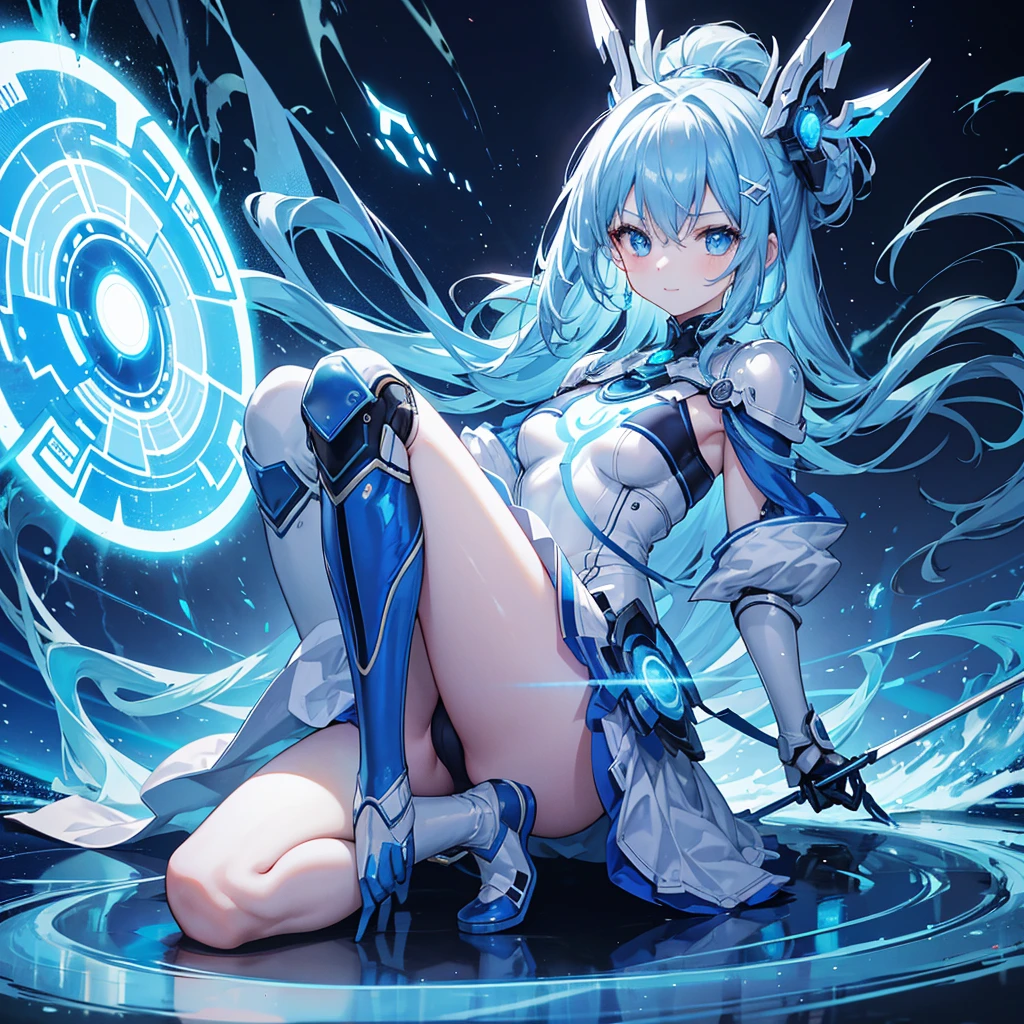 8K, Highest quality, (real:1.4), Original photo, 1 girl, Asari Hair, Biological Amplifier, Very sleek and futuristic armor, posture: Peace talks between warring factions,,attention arousal, smart blue eyes,A modest smile,Knee-high boots,Patent-look blue tights,Blue big moon and blue light swirl in the background,Blue light from behind,blue light magic,A small, glowing blue ball in the palm of your hand,Blue flame swirl,Blue Comet,Polished floor,