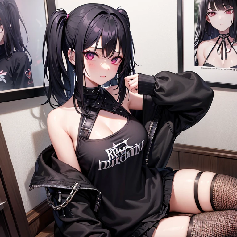 masterpiece, best quality, 1girl, long hair, black hair, straight bangs, grey eyes, medium breasts, choker, oversized shirt, black shirt, (print on shirt:1.2), black metal print,  bare legs, rings, chains, thigh strap