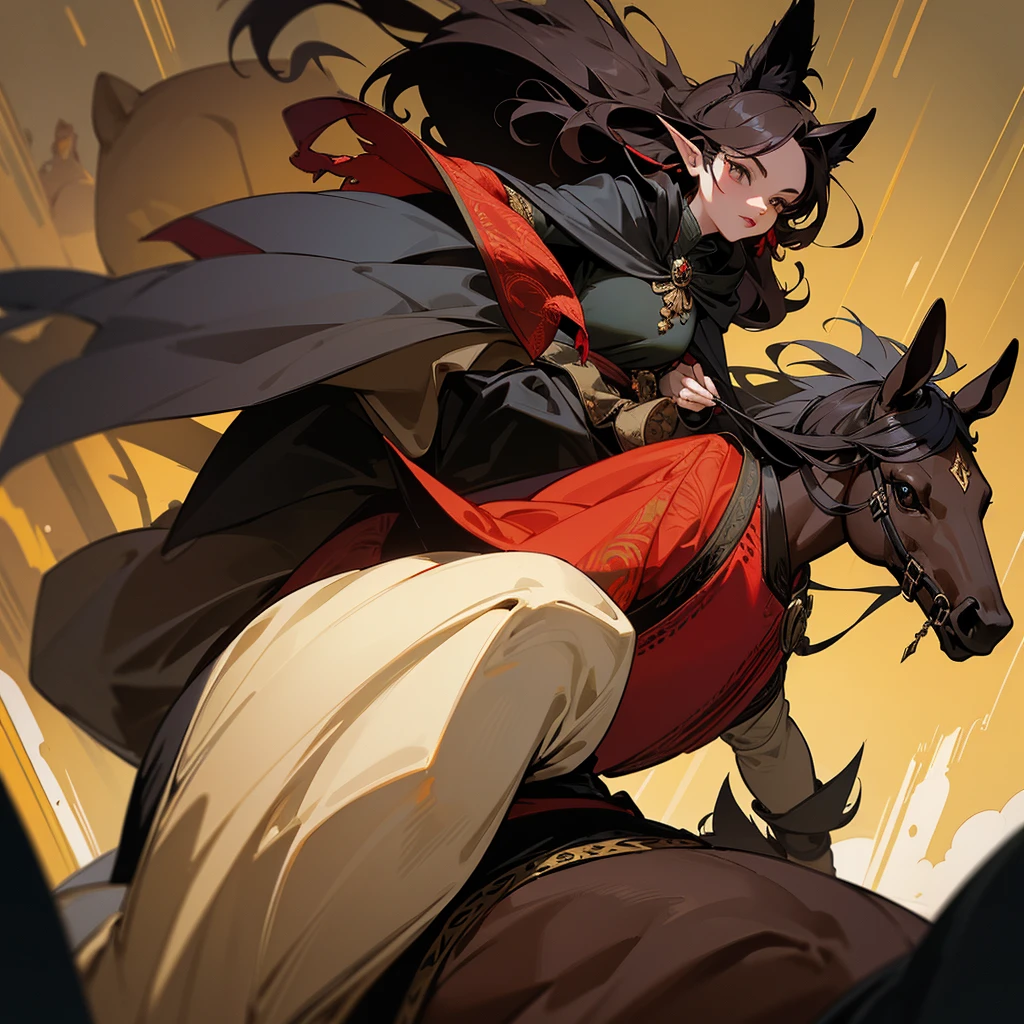 A pregnant woman who is riding a brown horse and wearing a black cloak with red embroidery and only her lips can be seen from under the cloak, and next to her is an elf man who is wearing a black cloak with gold embroidery and wearing a thin crown on his head and is riding a black horse and the army of goblins They follow him on wolves and people watch