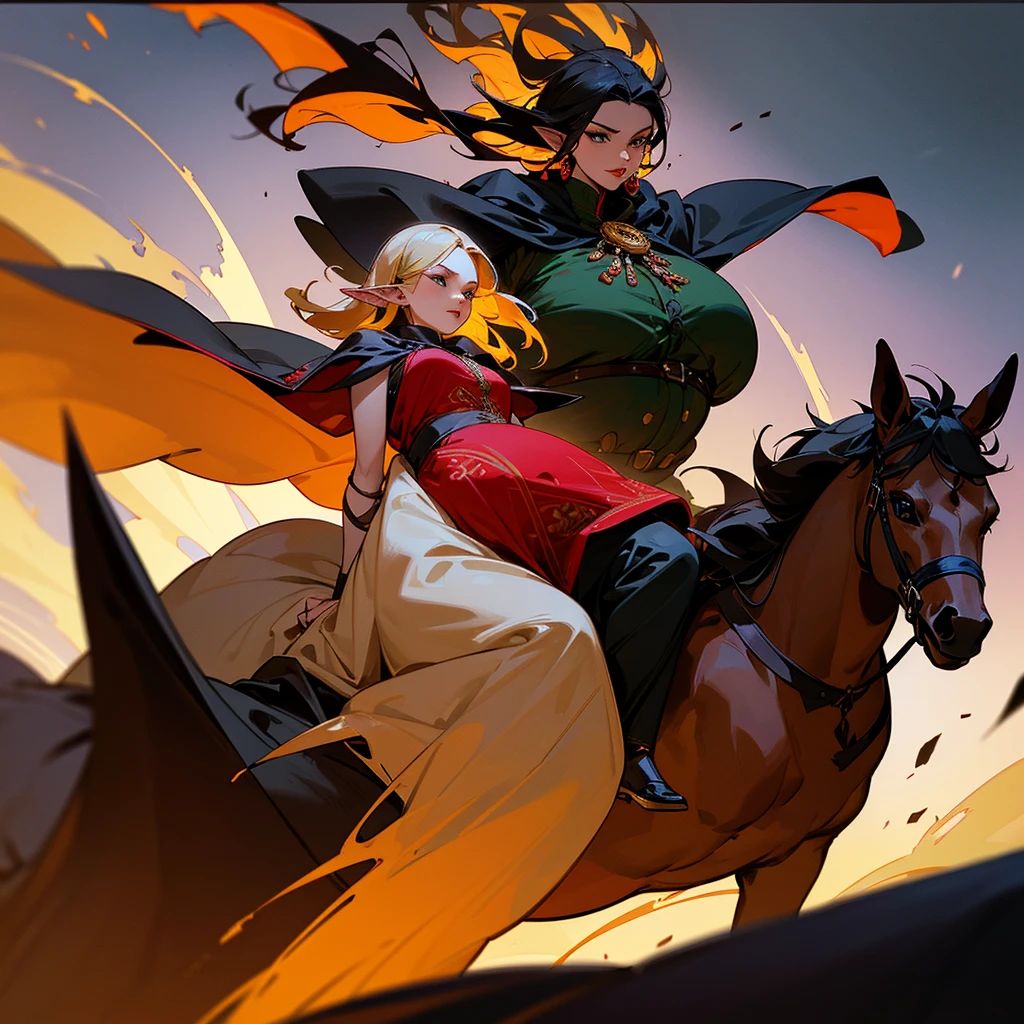 A pregnant woman who is riding a brown horse and wearing a black cloak with red embroidery and only her lips can be seen from under the cloak, and next to her is an elf man who is wearing a black cloak with gold embroidery and wearing a thin crown on his head and is riding a black horse and the army of goblins They follow him on wolves and people watch