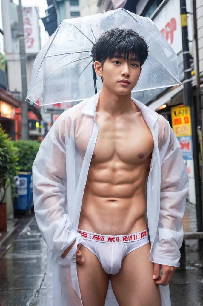 Handsome Asian boy,  boy , handsome Korean face, neat muscular, transparent raincoat, white micro thong with big bulge, showing abs, rainy day, very wet body, very hairy armpits, sit pose, siting on the bussy street