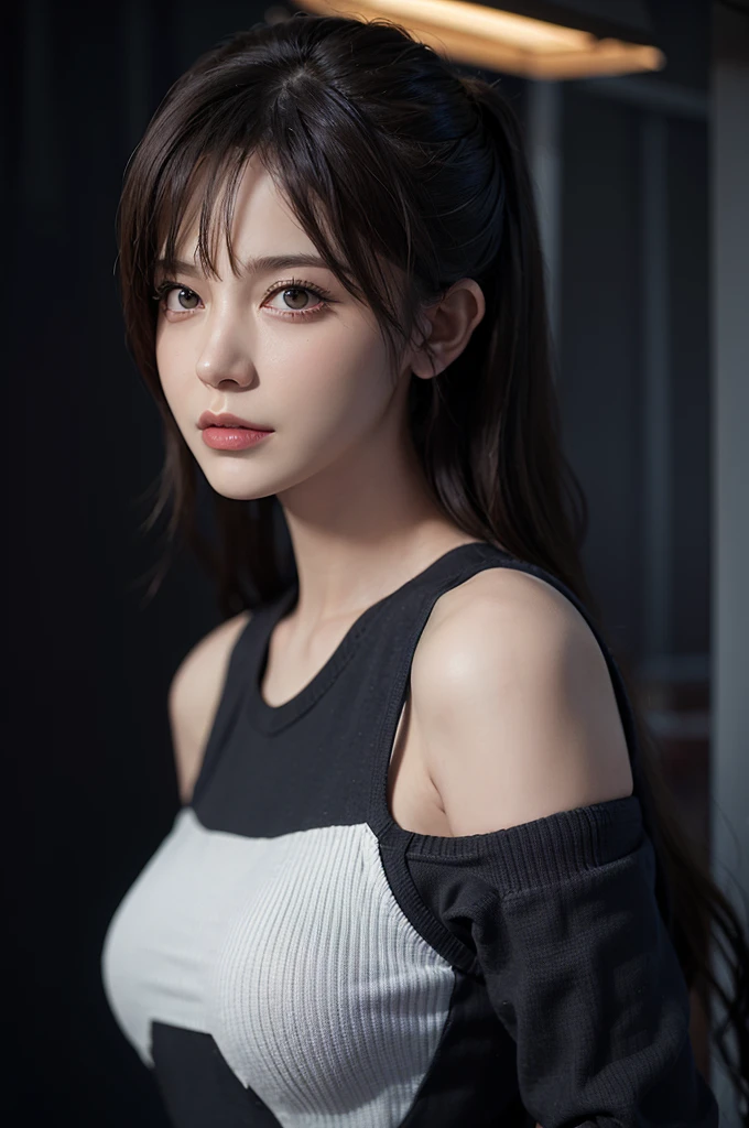 Fantasy art, photorealism, dynamic lighting, artstation, poster, volumetric lighting, very detailed faces, (official uniform: 1.4), long hair, sweater, delicate collarbone, bare shoulders, full breasts