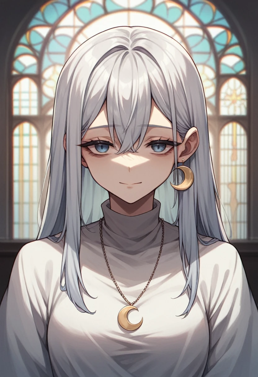 Anime adult woman wearing blue and white church robes, silver hair, wearing crescent moon shaped pendant, tired face with gentle smile