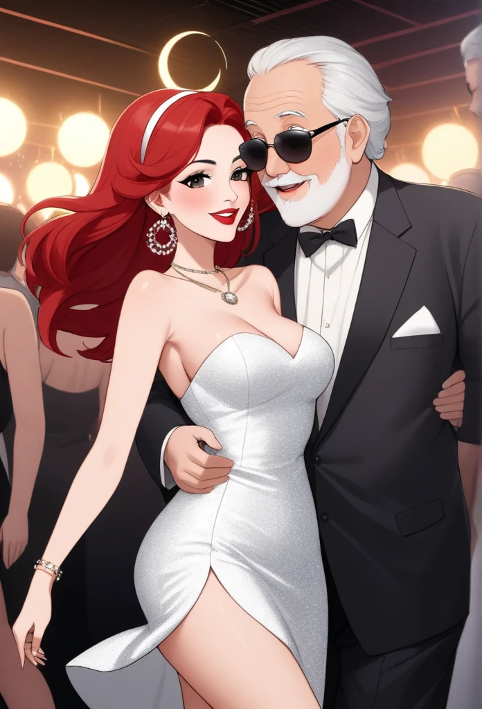 Hot sexy beautiful milf mom  dancing with ugly fat old man in club,slender body, detailed lips rings ,red  hair,black eyes,white sun glasses on head, detailed , big  hoops earrings , alluring face, smiling, necklace , red lipstick ,white strapless sequin dress,heels,