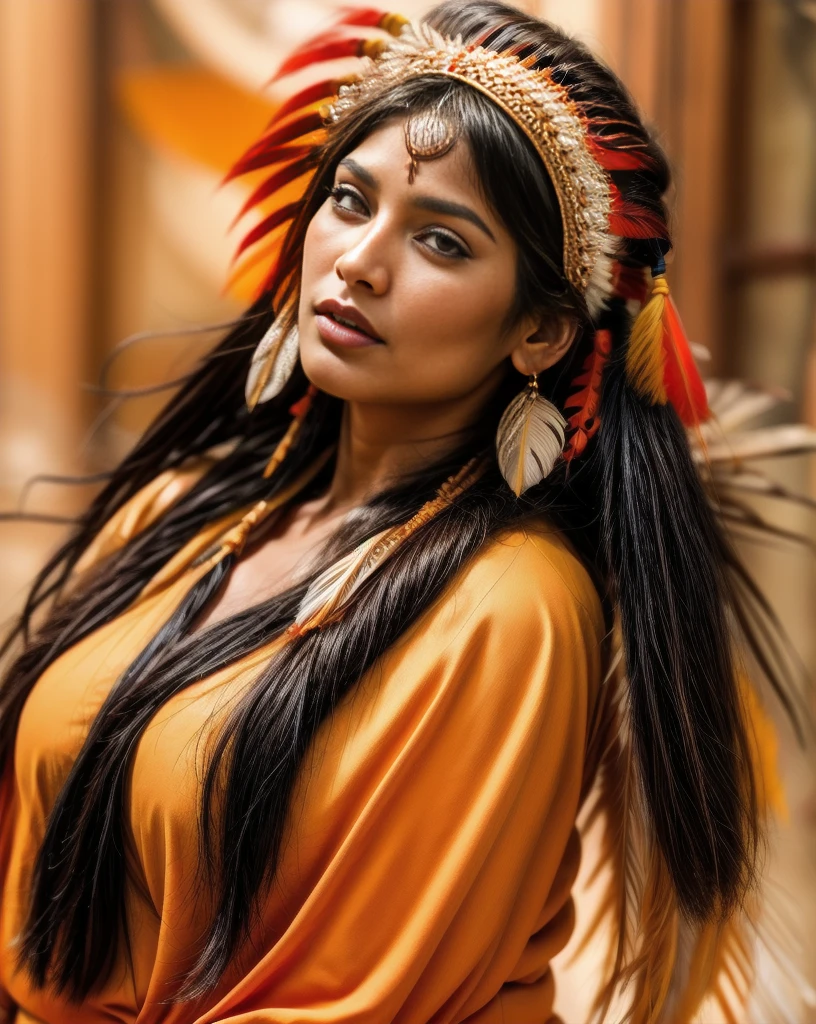 Beautiful Cherokee Indian woman with beautiful orange headdresses, red and beige.
