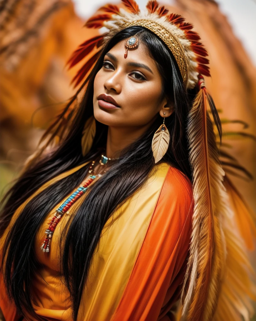 Beautiful Cherokee Indian woman with beautiful orange headdresses, red and beige.
