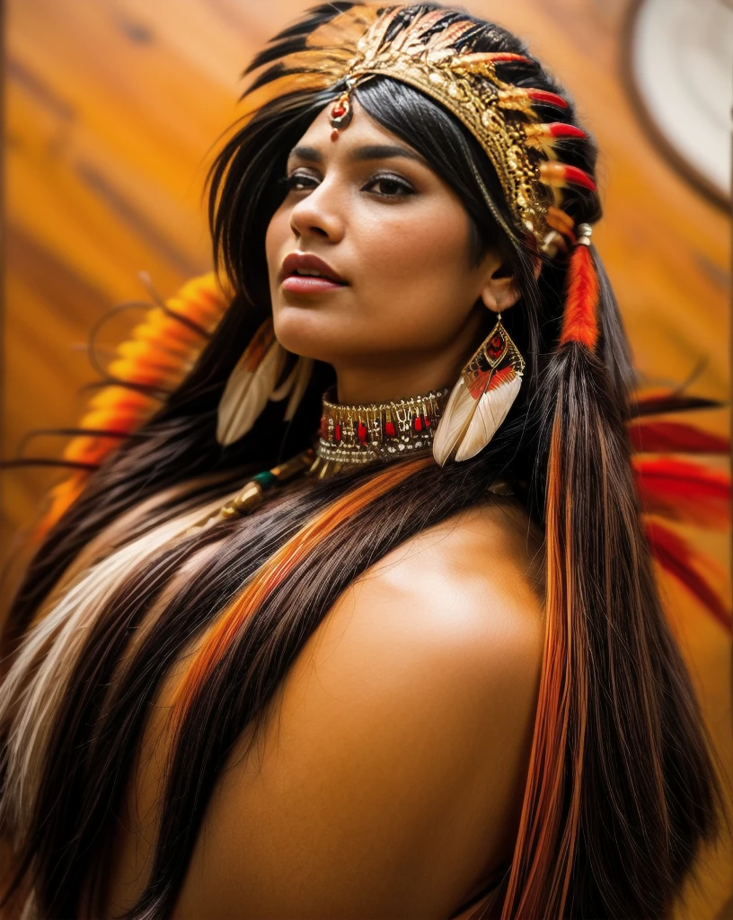 Beautiful Cherokee Indian woman with beautiful orange headdresses, red and beige.
