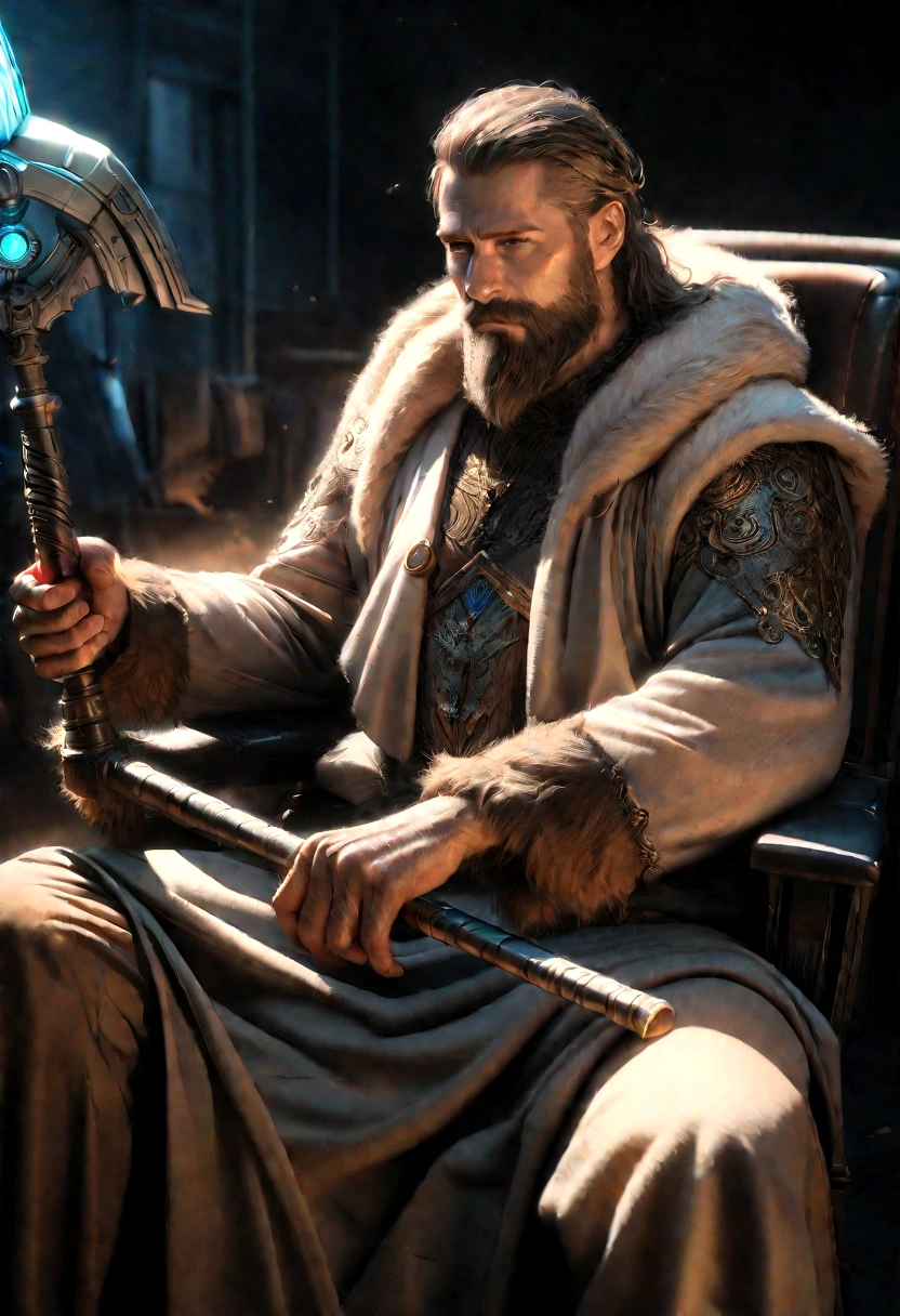 a mature viking man, futuristic utopia, sitting in a chair draped with a bear pelt, sharpening a high-tech axe, red braided hair and beard, intricate details, cinematic lighting, hyper-realistic, 8k, studio lighting, physically-based rendering, vibrant colors, dramatic composition