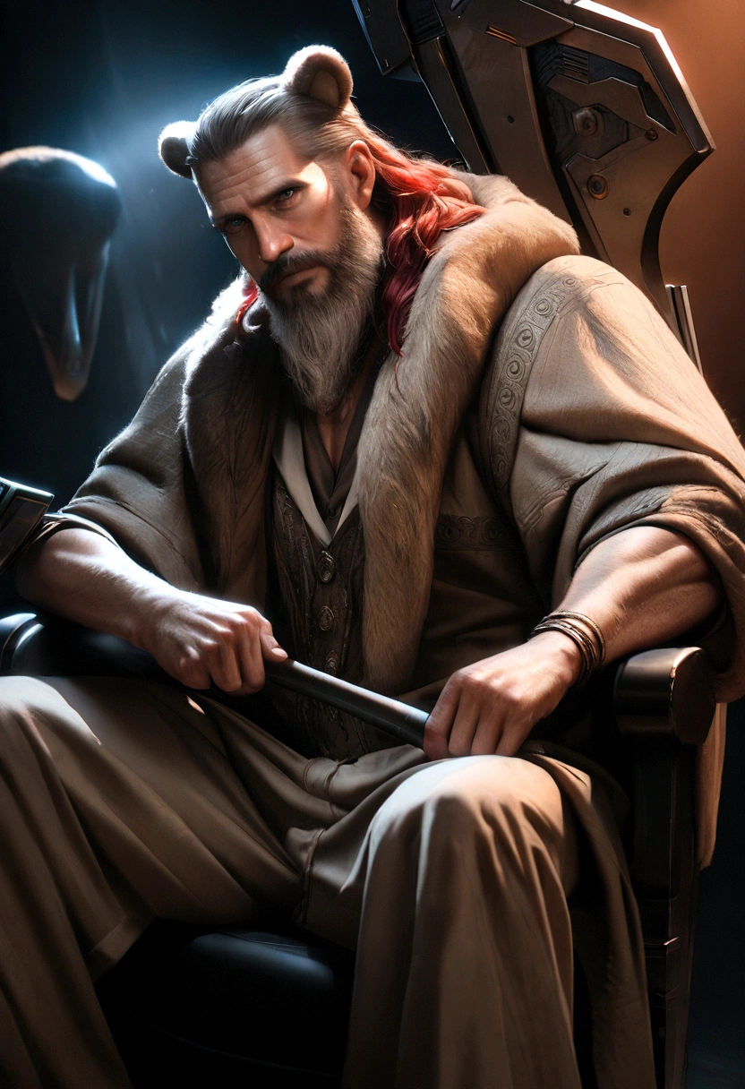 a mature viking man, futuristic utopia, sitting in a chair draped with a bear pelt, sharpening a high-tech axe, red braided hair and beard, intricate details, cinematic lighting, hyper-realistic, 8k, studio lighting, physically-based rendering, vibrant colors, dramatic composition