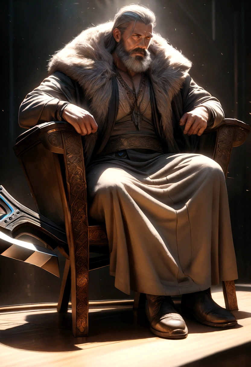 a mature viking man, futuristic utopia, sitting in a chair draped with a bear pelt, sharpening a high-tech axe, red braided hair and beard, intricate details, cinematic lighting, hyper-realistic, 8k, studio lighting, physically-based rendering, vibrant colors, dramatic composition