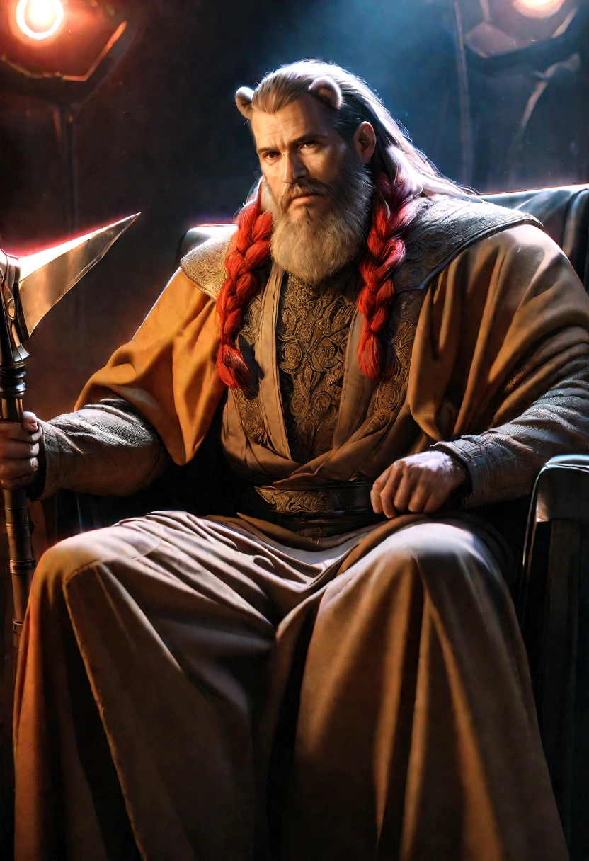 a mature viking man, futuristic utopia, sitting in a chair draped with a bear pelt, sharpening a high-tech axe, red braided hair and beard, intricate details, cinematic lighting, hyper-realistic, 8k, studio lighting, physically-based rendering, vibrant colors, dramatic composition
