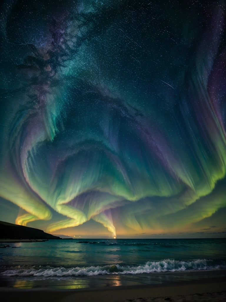 Create a beach and make the sky the most beautiful image of outer space with a galaxy and lots of stars combined with an aurora borealis