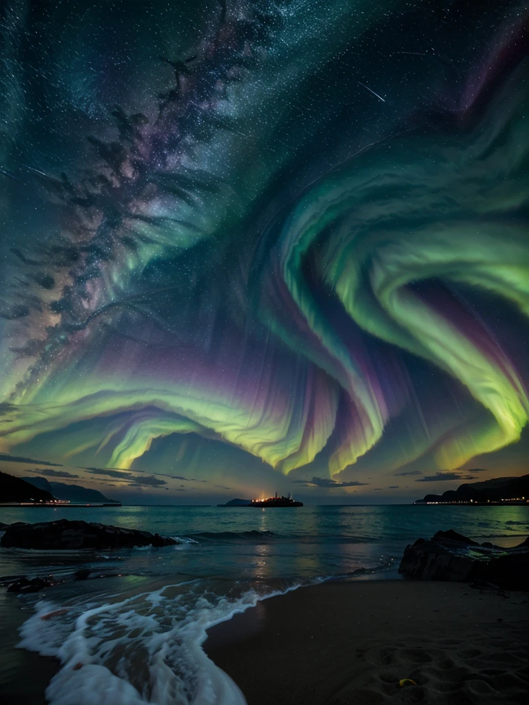 Create a beach and make the sky the most beautiful image of outer space with a galaxy and lots of stars combined with an aurora borealis