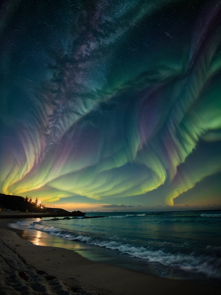 Create a beach and make the sky the most beautiful image of outer space with a galaxy and lots of stars combined with an aurora borealis