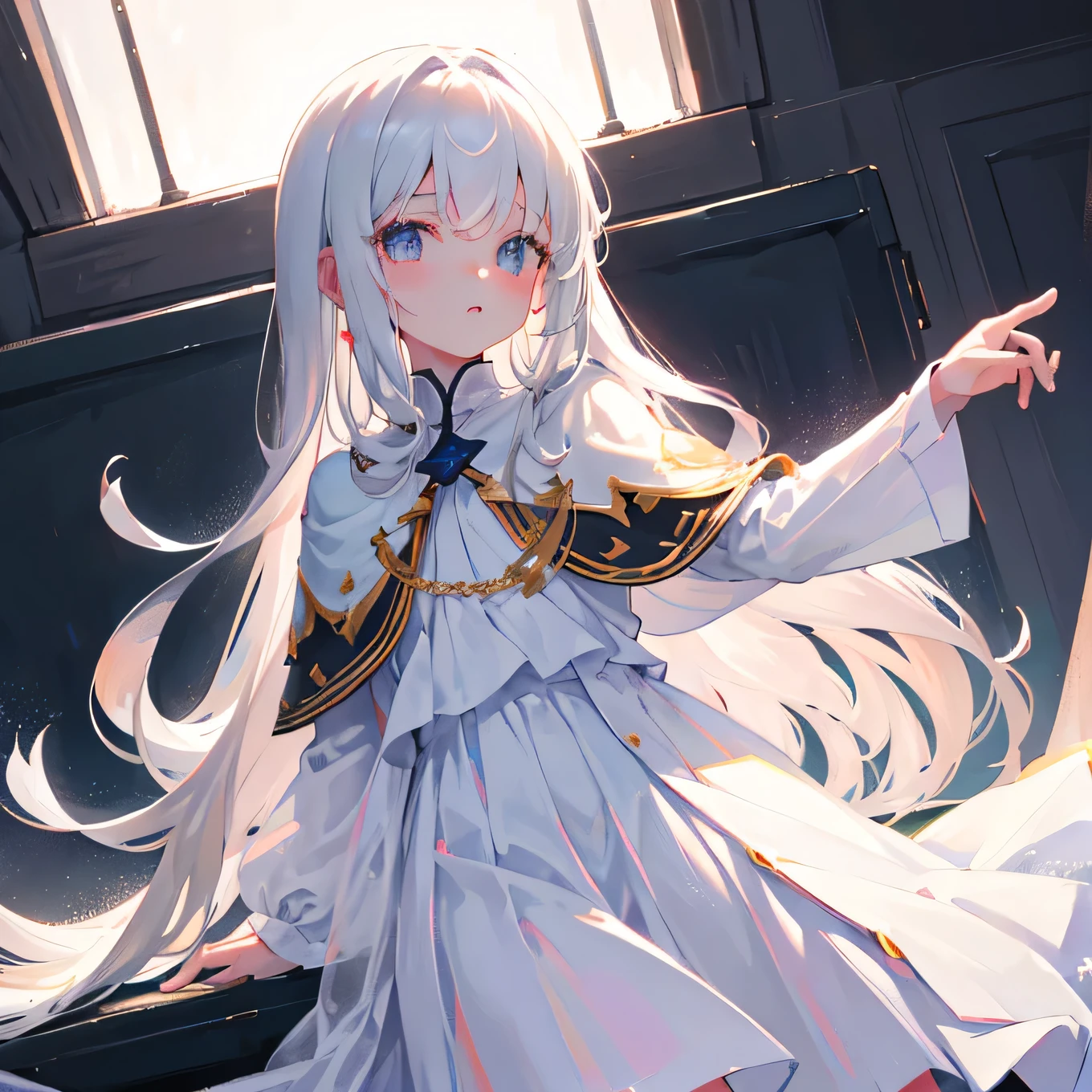 8K, (Tabletop), (High resolution), (dramatic), (Natural light), (small), 1 Girl, young, Baby Face, Flat Chest, , Gray Hair, Long Hair, (Straight Hair Skin)), Beautiful Hair, White clothes, dress, Long bangs, ((Cape)), White Skirt, (uniform)