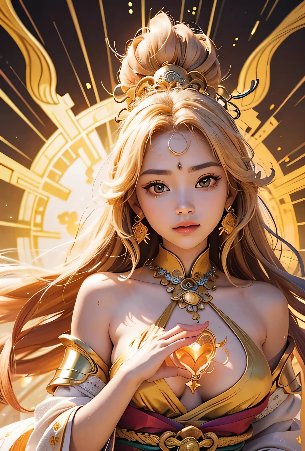 "Child of the Sun, Goddess of Love": Within a sacred sanctuary bathed in sunlight, depict the figure of a sun goddess who governs love, facing forward and emanating divine radiance. She is a , around . Zoom in to focus on her face, with a gleaming orb of light in her hands, representing the life-giving power of the sun. Her hair is shimmering gold, and she is wearing a traditional miko outfit as seen in Japanese shrines. The background should be predominantly gold, evoking a sense of divine splendor, with numerous heart-themed objects expressing the beauty of love. The setting is in heaven, enveloped in soft, bright light, where one can find tranquility and peace of mind, free from any trace of anxiety.
