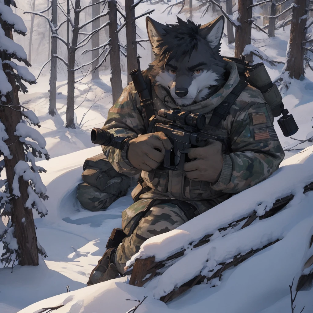 Male, male, Wolf, black fur, white fur, short hair, black hair, red heart stripes on his hair, 20 years old, snipers, sniper rifle, Snow camouflage, winter camouflage, dramatic effect, dramatic light, shadow, shade, higlight, high quality, high details, High detailed image, high quality image, Very detailed shadows, high detail shadows, Snowy forest, snowy, Winter