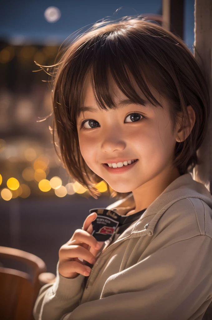 Tabletop, Highest quality, 8K, , Teen, RAW Photos, Ad, Award-winning portrait, smile, alone, (night:1.8), Idol's face, Violet, Delicate girl, Upper Body, Digital SLR, View your viewers, Frank, Sophisticated,Thin arms, Professional Lighting, Film Grain, chromatic aberration, (Eye and facial details:1.0), (Bokeh:1.1) , (Robe Dress:1.0) , Close your mouth