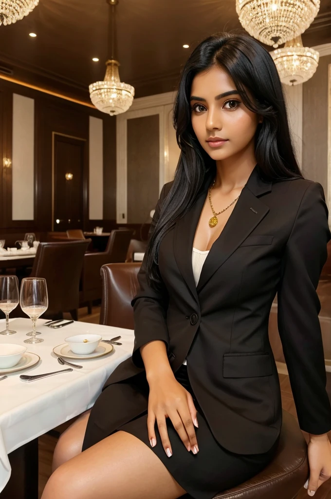 1 indian girl, longye hair, black hair color, smooth skin, eyes browns, Business girl style clothes, light brown blazer, realisitic, with background in a fancy restaurant, super detalhado e realisitic