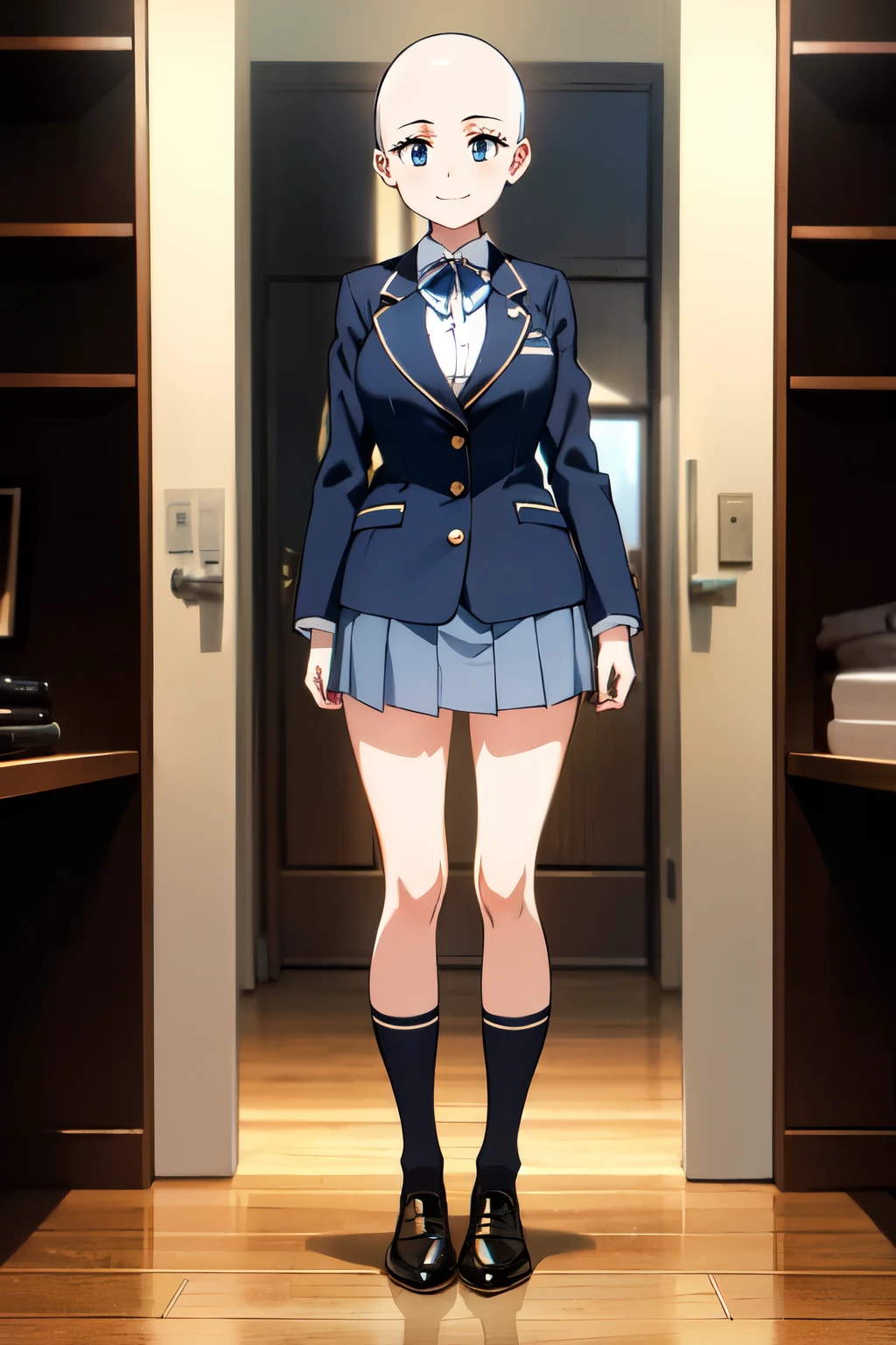 masterpiece, 32k, extremely detailed, finely detail, intricate details,
BREAK
(absurdres:1.1, highres:1.1, ultra detailed:1.1),
insanely detailed, absurdres,
(high resolution:1.1, ray tracing:1.1, refraction:1.1)
(1girl, 独奏:1.3),
BREAK
perfect symmetrical face, smile, high school student, High School Uniform, Navy blue single blazer, White ribbon, (((Skinhead)), 黒髪
BREAK,
(((full body))),
BREAK