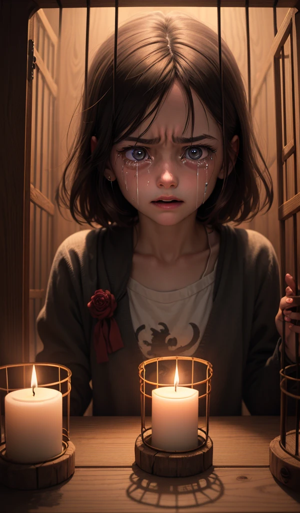 (anime, digital paint, young girl crying with determination in her eyes, plotting escape, old wooden cage, shadowy corners, flickering candlelight highlighting her resolved expression, a mix of fear and hope)