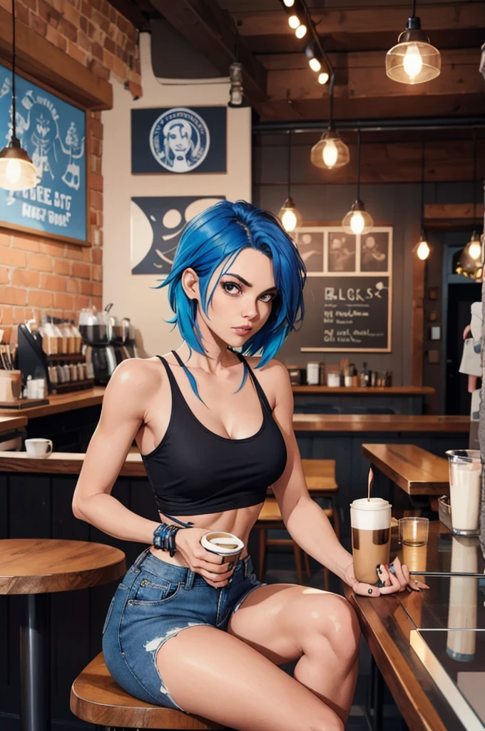 "Full body shot of a girl with blue hair, styled in a bold and edgy fashion. She’s in a trendy coffee shop, casually seated at a wooden table with a latte in front of her. The background features the cozy, eclectic decor of the coffee shop, with warm lighting and quirky decorations. Black tank top, ripped skinny jeans, and bare veiny feet with blue nail polish. Bare shoulders, fit body,veiny shoulders. Her expression is confident and cool, reflecting her unique style and personality."