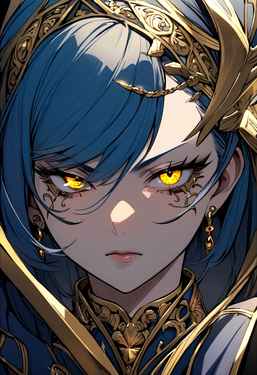 Blue medium length hair with golden eyes girl. Has a small eye linear and under eye bags. Badass