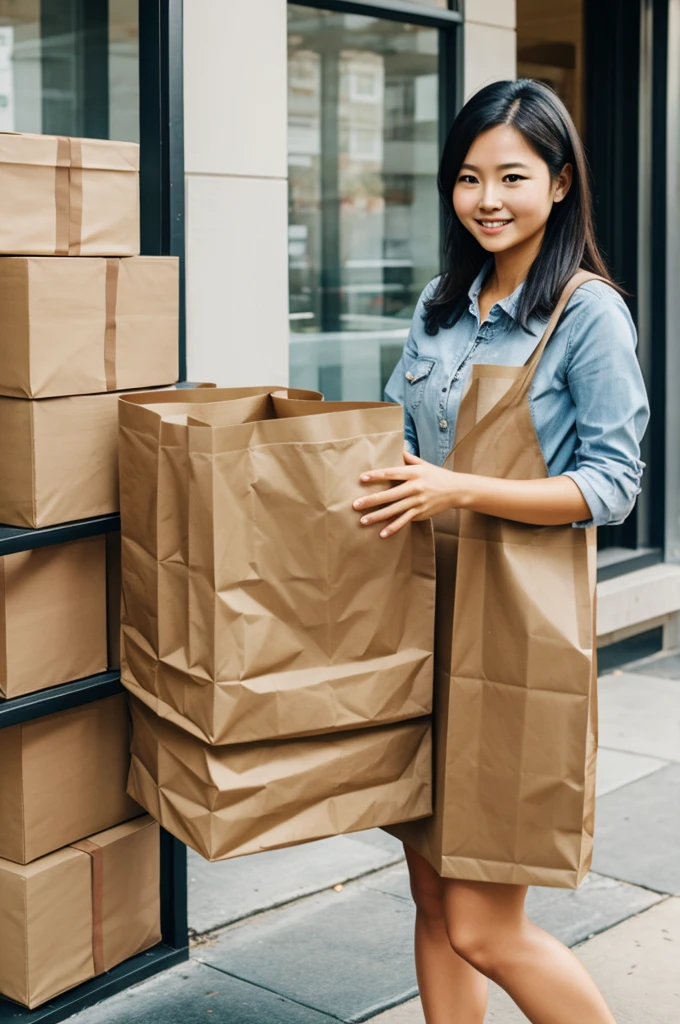 Woman with kraft paper delivery bags