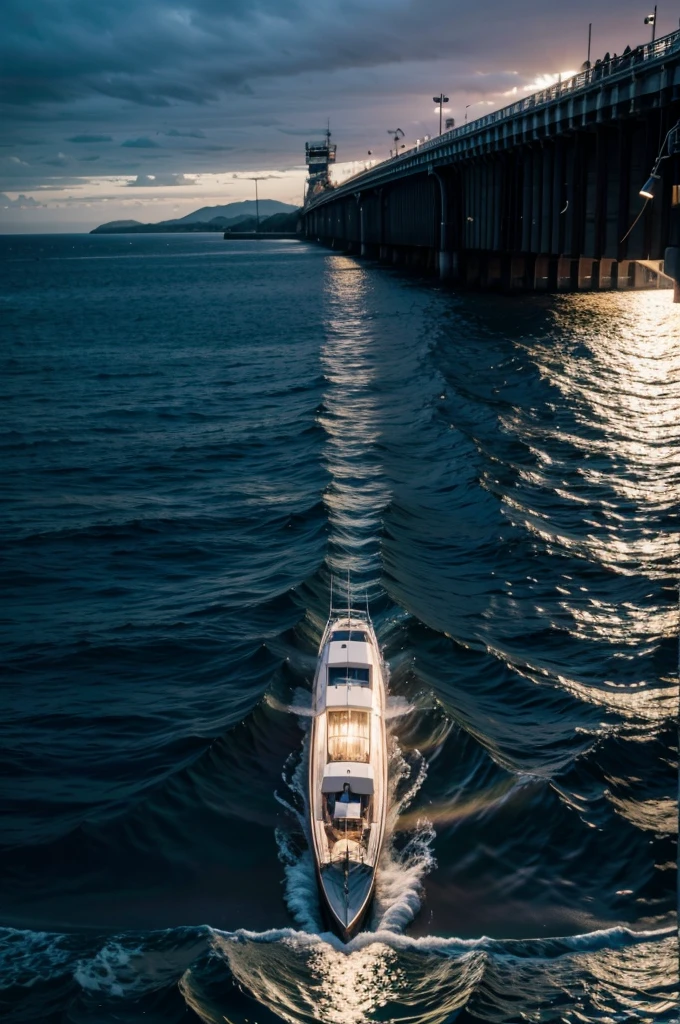 A BOAT IN THE MIDDLE OF THE SEA AND ON IT A BIG BEAM OF LIGHT