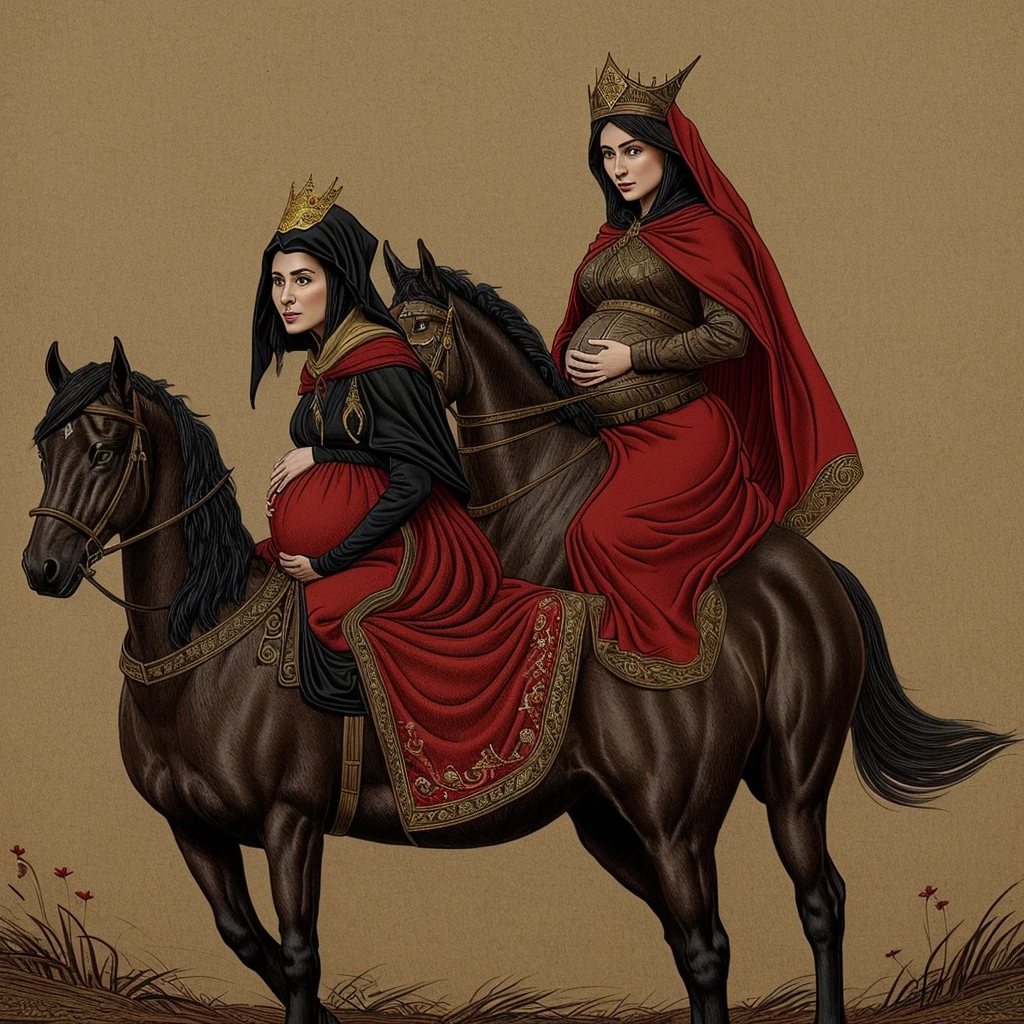 A pregnant woman who is riding a brown horse and wearing a black cloak with red embroidery and only her lips can be seen from under the cloak, and next to her is an elf man who is wearing a black cloak with gold embroidery and wearing a thin crown on his head and is riding a black horse and the army of goblins They follow him on wolves and people watch