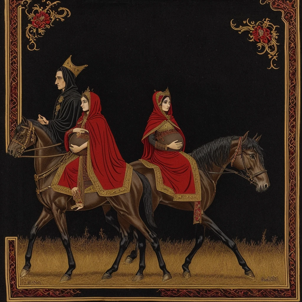 A pregnant woman who is riding a brown horse and wearing a black cloak with red embroidery and only her lips can be seen from under the cloak, and next to her is an elf man who is wearing a black cloak with gold embroidery and wearing a thin crown on his head and is riding a black horse and the army of goblins They follow him on wolves and people watch