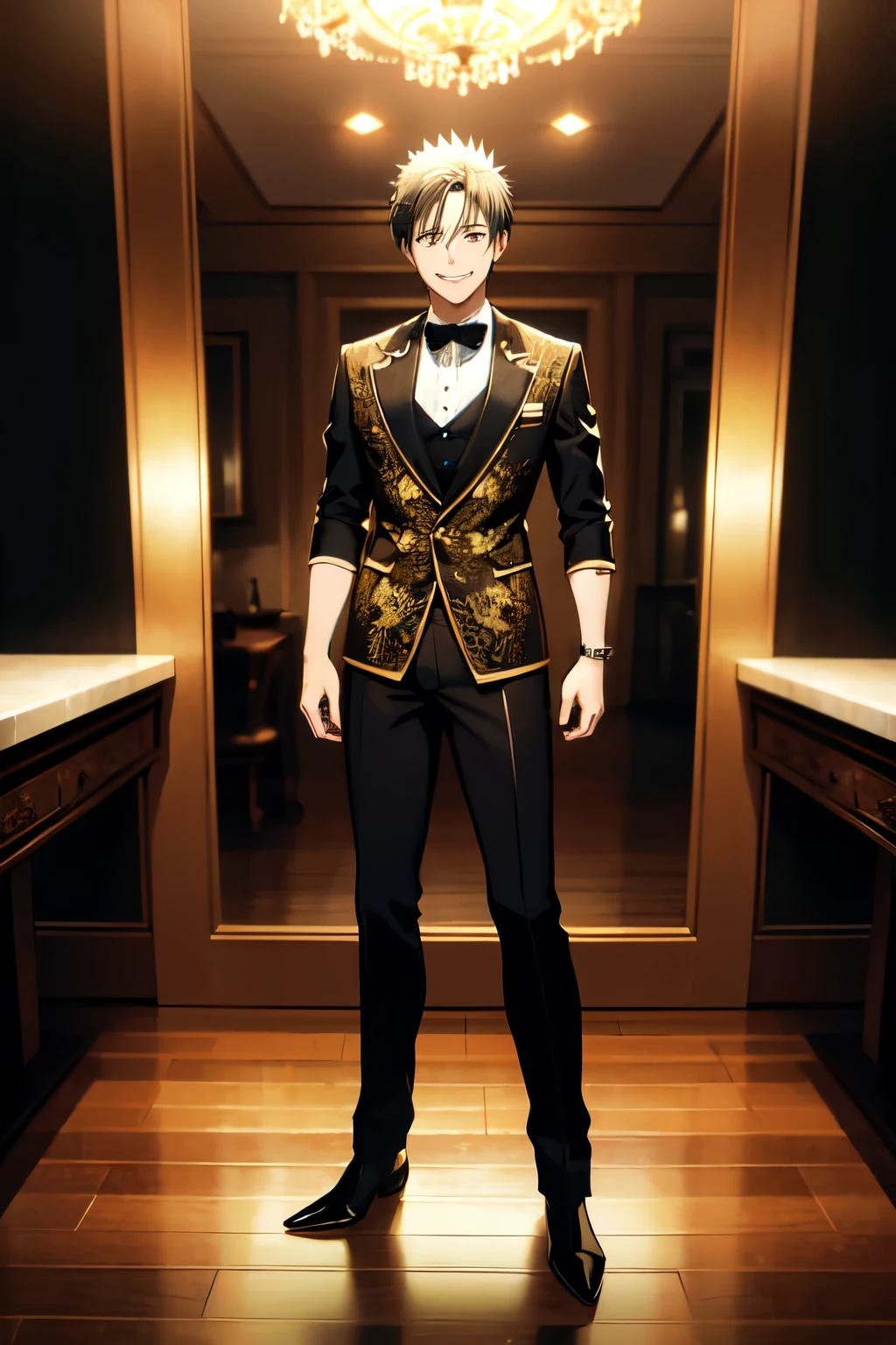 masterpiece, 32k, extremely detailed, finely detail, intricate details,
BREAK
(absurdres:1.1, highres:1.1, ultra detailed:1.1),
insanely detailed, absurdres,
(high resolution:1.1, ray tracing:1.1, refraction:1.1)
(1 male, 独奏:1.3),
BREAK
perfect symmetrical face, smile, (Spiky Hair) 黒髪
BREAK,
(((full body))),
BREAK