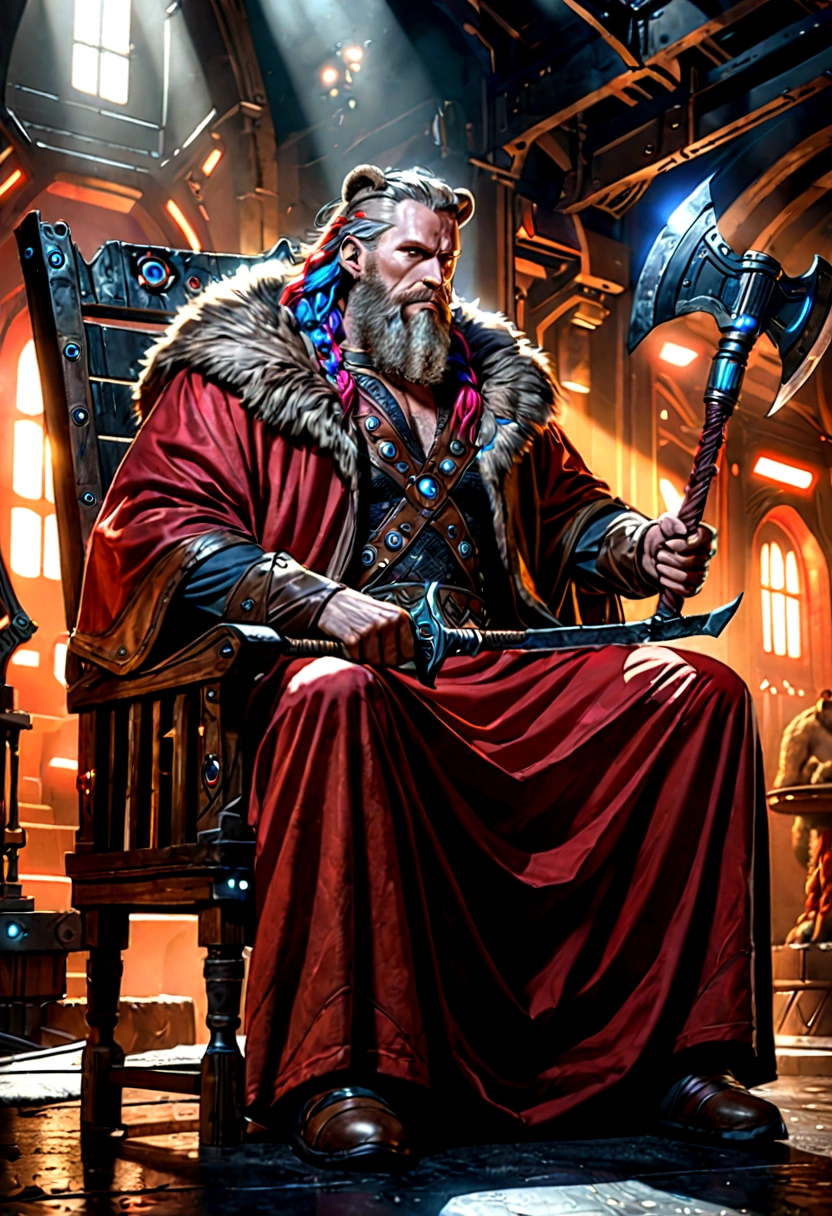 a mature viking man, futuristic utopia, sitting in a chair draped with a bear pelt, sharpening a high-tech axe, red braided hair and beard, intricate details, cinematic lighting, hyper-realistic, 8k, studio lighting, physically-based rendering, vibrant colors, dramatic composition