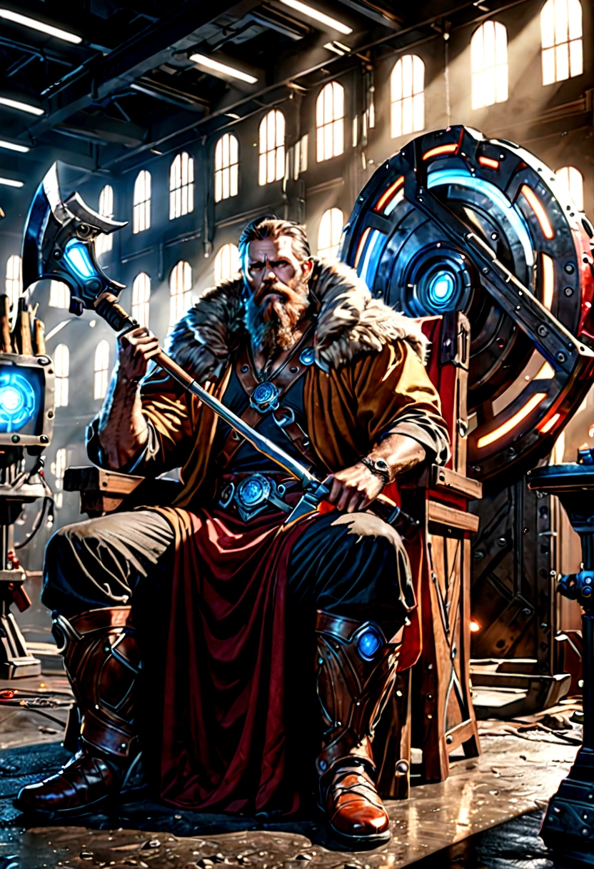 a mature viking man, futuristic utopia, sitting in a chair draped with a bear pelt, sharpening a high-tech axe, red braided hair and beard, intricate details, cinematic lighting, hyper-realistic, 8k, studio lighting, physically-based rendering, vibrant colors, dramatic composition