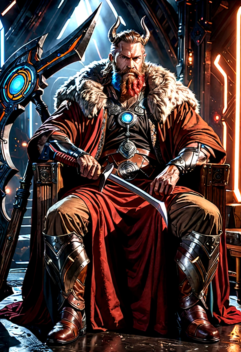 a mature viking man, futuristic utopia, sitting in a chair draped with a bear pelt, sharpening a high-tech axe, red braided hair and beard, intricate details, cinematic lighting, hyper-realistic, 8k, studio lighting, physically-based rendering, vibrant colors, dramatic composition