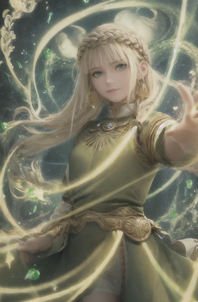best quality, masterpiece, upper body,
(adult:1.6) ukrainian woman, (smirk:0.4),
braided blonde hair,
emerald eyes,
medieval sundress,
floating light particles, centered,