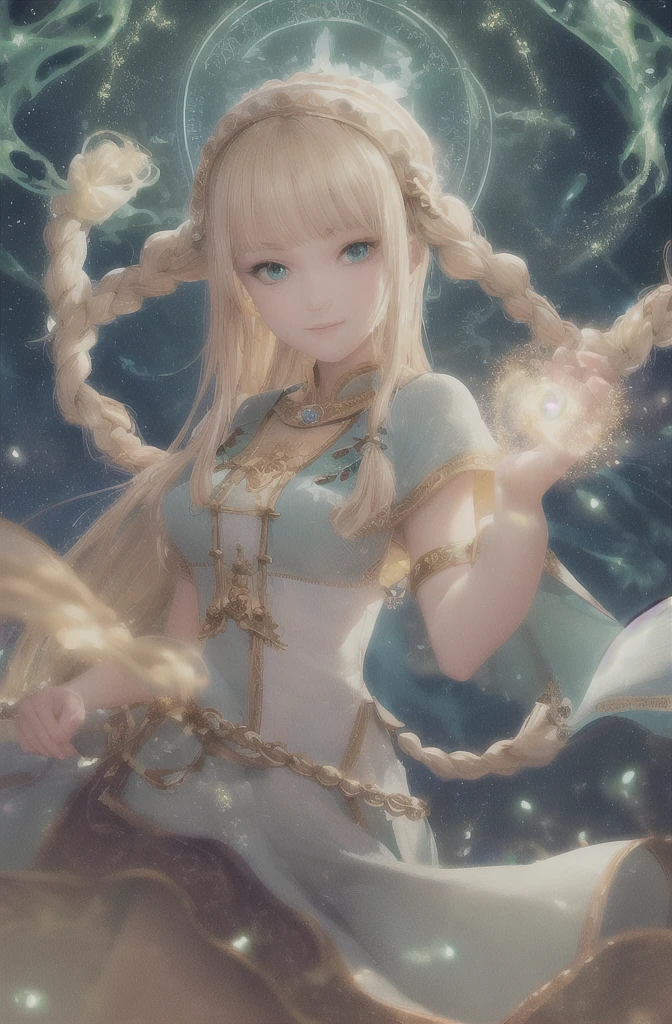 best quality, masterpiece, upper body,
(adult:1.6) ukrainian woman, (smirk:0.4),
braided blonde hair,
emerald eyes,
medieval sundress,
floating light particles, centered,