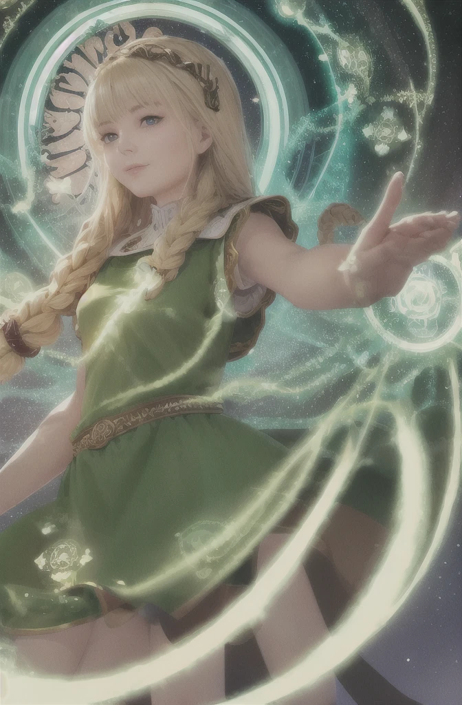 best quality, masterpiece, upper body,
(adult:1.6) ukrainian woman, (smirk:0.4),
braided blonde hair,
emerald eyes,
medieval sundress,
floating light particles, centered,