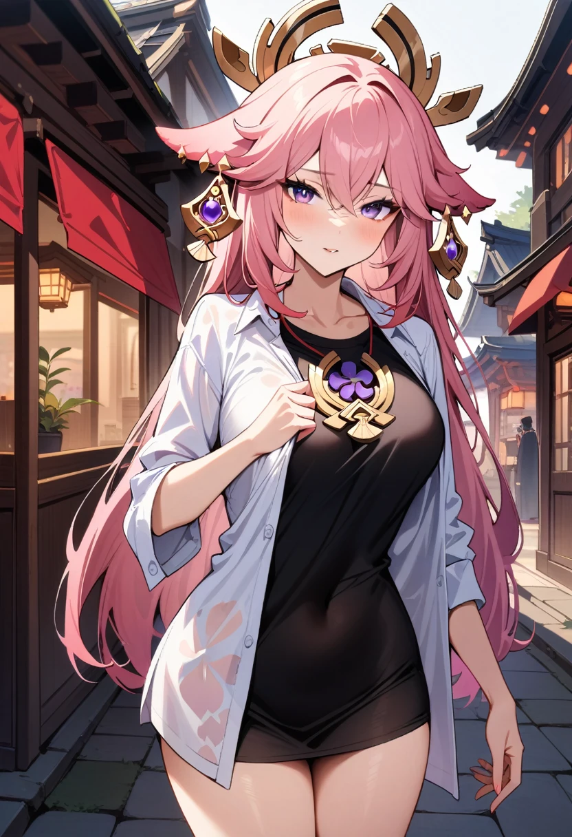 masterpiece, best quality, very aesthetic, absurdres, newest,1girl,naked_shirt, covered_nipples, ,Yae Miko,Yae Miko(genshin impact), long pink hair, fox ears , purple eyes, a large gold ornament,,,in a plaza