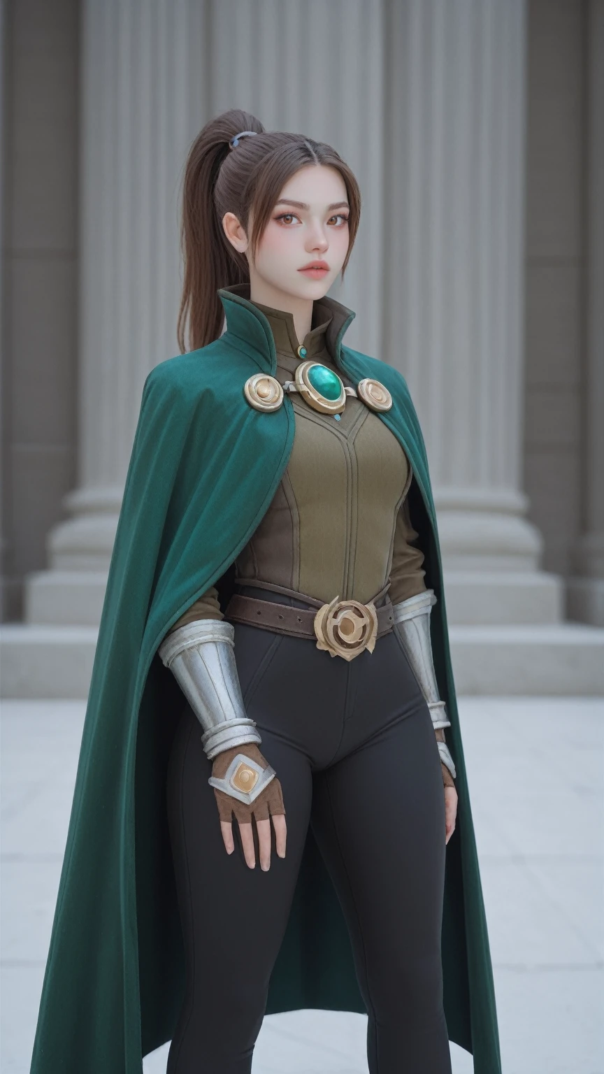 score_9, score_8_up, score_7_up, best quality, masterpiece, 
thick thighs, wide hips, jacket, brooch, green cape, vambraces, black leggings, belt, marci \(dota\), brown eyes, brown hair, ponytail