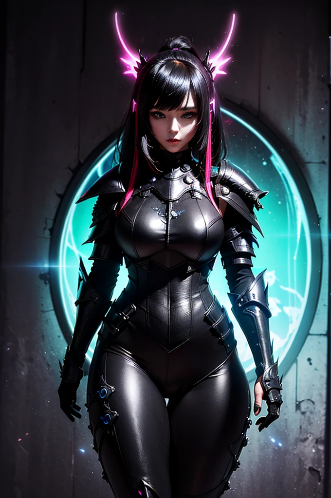 Arknights Girl (masterpiece), best quality, Expressive eyes, (((Dressed in surreal and detailed neon sci-fi black armor, Ethereal aesthetic style))) Korean beauty idol, Intricately perfect beautiful cute face, Delicate and sharp eyes, Ultra-realistic、Fine hair, (((From face to waist))), (((Beauty and slimness))), 4K, Ultra HD
